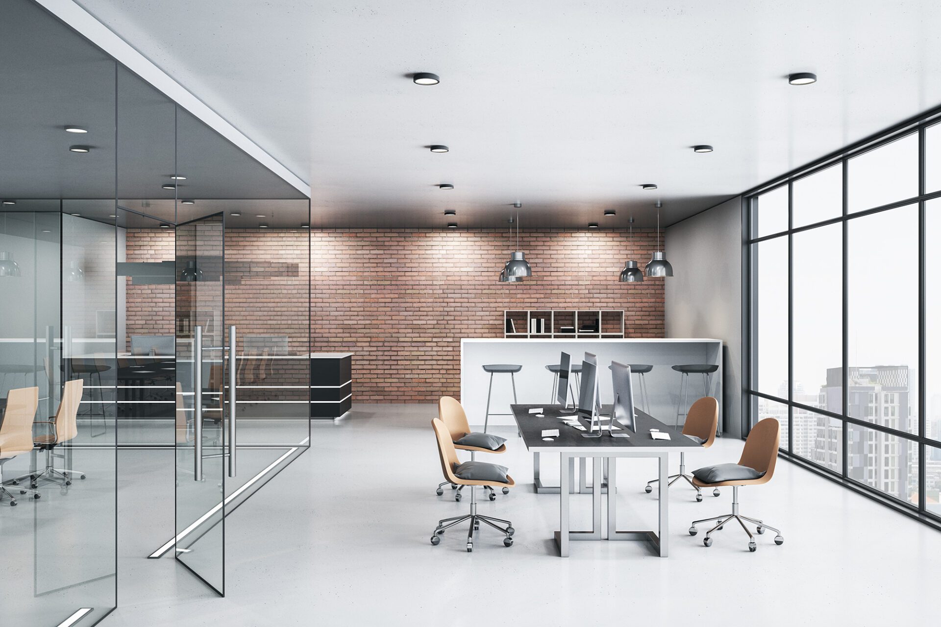 Contemporary working interior and city view. Contemporary working interior and city view.